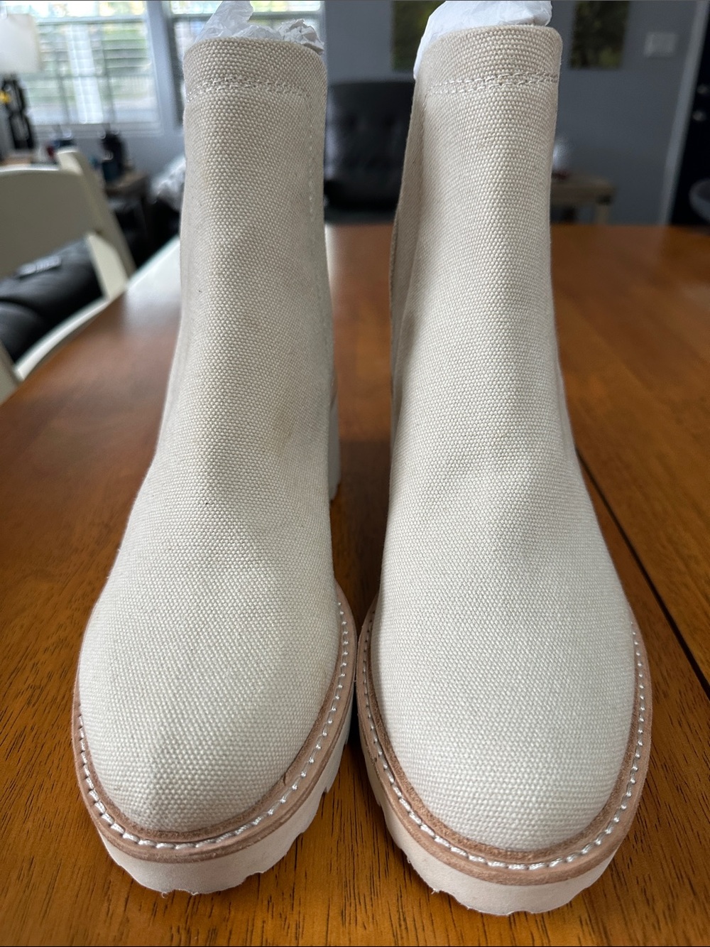 Dolce Vita Women’s canvas pull on boots in cream and cream sole. Elastic back